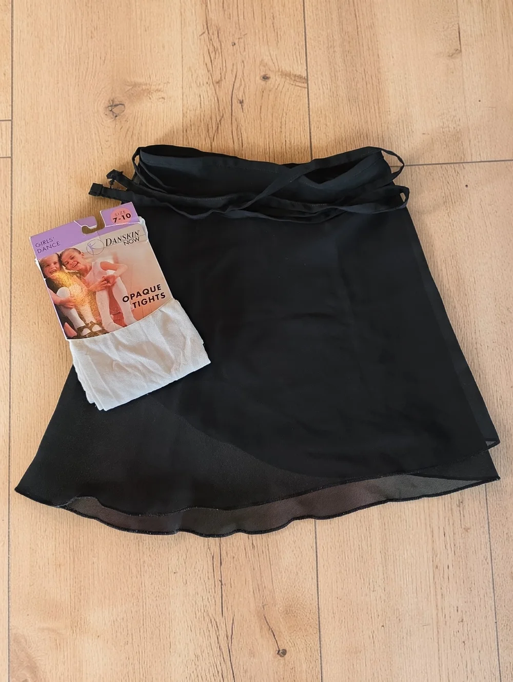 Black Sheer Wrap Skirt with Ties & Danskin White‎ Opaque Tights Size 7-10